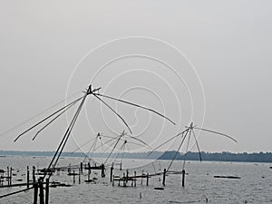 Chinese fishing net poles in the backwaters of Kerala, India