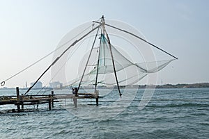 Chinese fishing net at sunrise in Cochin Fort Kochi, Kerala, India