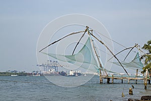 Chinese fishing net at sunrise in Cochin Fort Kochi, Kerala, India