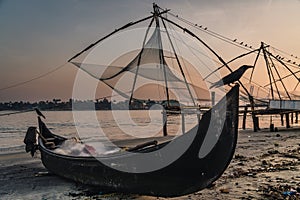 Chinese fishing nets during the Golden Hours at Fort Kochi, Kerala, India sunrise lonely