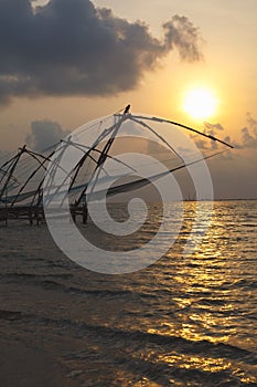 Chinese fishnets on sunset. Kochi, Kerala, India