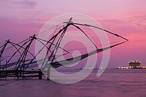 Chinese fishnets on sunset. Kochi, Kerala, India