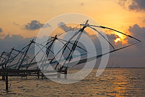 Chinese fishnets on sunset. Kochi, Kerala, India