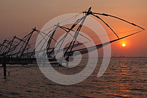 Chinese fishnets on sunset. Kochi, Kerala, India