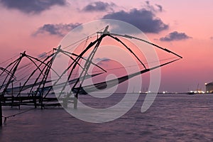 Chinese fishnets on sunset. Kochi, Kerala, India