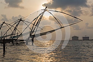 Chinese fishnets on sunset. Kochi, Kerala, India