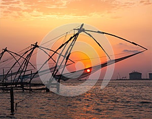 Chinese fishnets on sunset. Kochi, Kerala, India