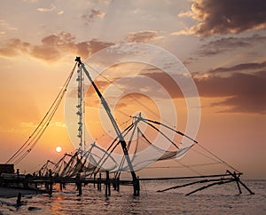 Chinese fishnets on sunset. Kochi, Kerala, India