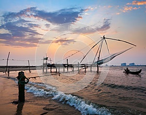 Chinese fishnets on sunset. Kochi, Kerala, India