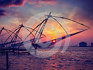 Chinese fishnets on sunset. Kochi, Kerala, India