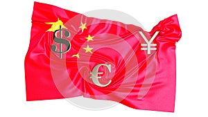 Chinese Flag with Global Currency Symbols Displaying Financial Ambitions