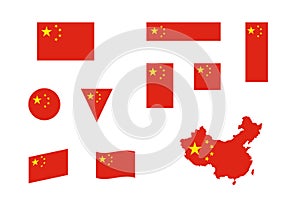 Chinese Flag Icon Different Shapes China Map Vector Set