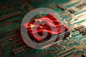 Chinese Flag on Microchip Circuit