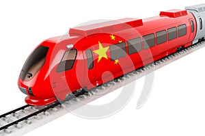 Chinese flag painted on the high speed train. Rail travel in the China, concept. 3D rendering