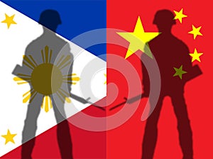 The Chinese flag and the Philippine flag are both composed of cracked patterns.