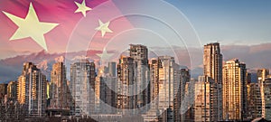 A Chinese flag superimposed over a sunset view of downtown Vancouver, BC, with a view of the snowy mountains in the