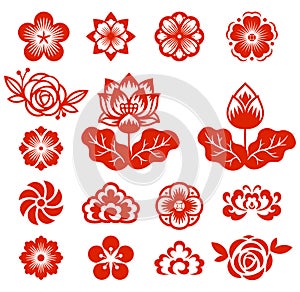 Chinese flowers paper cut red color vector illustrations