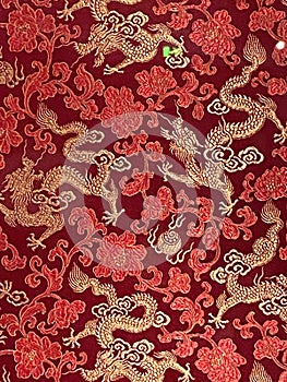 Old Chinese Flying Dragons Silk Embroidery Fabric Culture Symbol Floral Lucky Cloud Patterns Red Silk Cloth Embroidery Arts Crafts