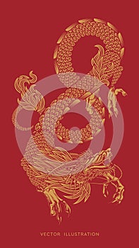 Chinese folklore Dragon suitable for Chinese New Year 2024, golden dragon on red background