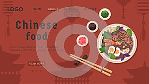 Chinese food banner. National oriental dish with noodle, shrimps, eggs, mushrooms. Ramen soup closeup, chopsticks, sauce, vassabi