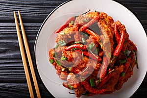 Chinese food chicken in Schezwan sauce close-up on a plate. horizontal top view