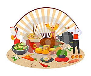 Chinese food dishes with bowls of meat, noodles, chopsticks, asiam cuisine vector illustration. Sweet and sour chicken