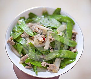 Chinese food, fried meat with green beans