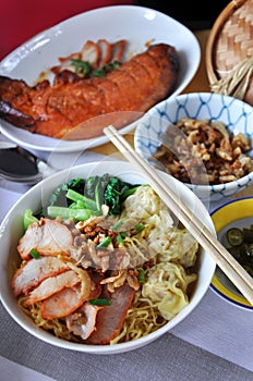 Chinese Food Set of Wanton Egg Noodles and Grilled Pork