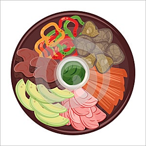 Chinese food. Tradition asian dish closeup with meat, pepper, shiitake mushrooms. Vector flat illustration for restaurant dishes,