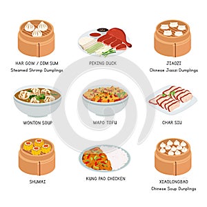 Chinese Food vector set. Famous dishes in China flat vector illustration clipart cartoon. Dumplings, Char Siu, Kung Pao Chicken