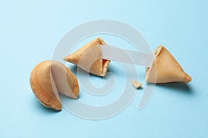 Chinese fortune cookies. Cookies with empty blank inside for prediction words. Blue background