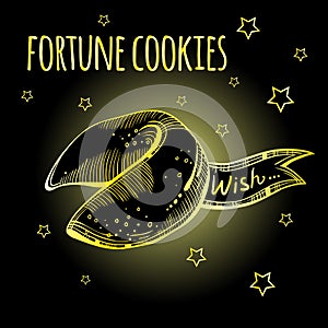 Chinese fortune cookies set. Hand-drawn golden cookie on black background with stars. Vector illustration