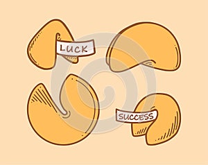 Chinese fortune cookies vector illustration. Chinese New year dessert prophecy cookie