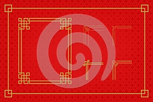 Chinese frame or border set on red background. traditional asian ornaments, golden oriental