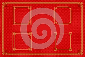 Chinese frame or border set on red background. traditional asian ornaments, golden oriental