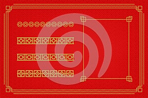 Chinese frame or border set on red background. traditional asian ornaments, golden oriental