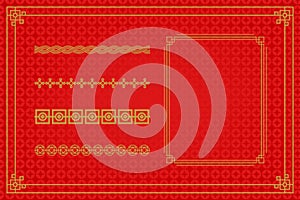 Chinese frame or border set on red background. traditional asian ornaments, golden oriental