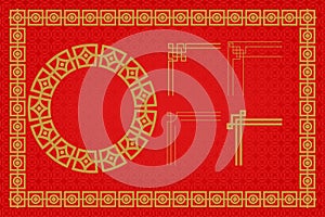 Chinese frame or border set on red background. traditional asian ornaments, golden oriental