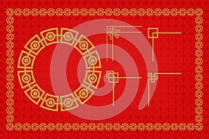 Chinese frame or border set on red background. traditional asian ornaments, golden oriental