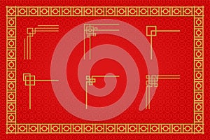 Chinese frame or border set on red background. traditional asian ornaments, golden oriental