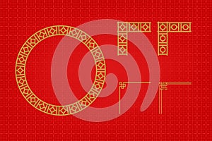 Chinese frame or border set on red background. traditional asian ornaments, golden oriental