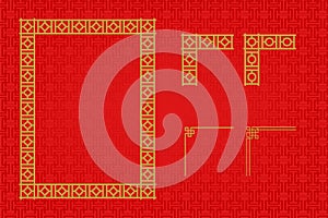 Chinese frame or border set on red background. traditional asian ornaments, golden oriental