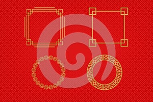 Chinese frame or border set on red background. traditional asian ornaments, golden oriental