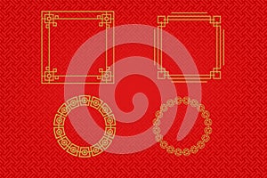 Chinese frame or border set on red background. traditional asian ornaments, golden oriental