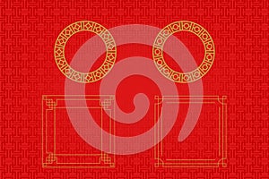 Chinese frame or border set on red background. traditional asian ornaments, golden oriental