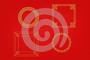 Chinese frame or border set on red background. traditional asian ornaments, golden oriental