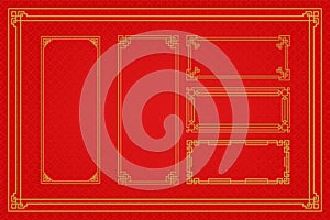 Chinese frame or border set on red background. traditional asian ornaments, golden oriental