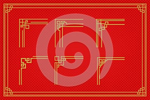 Chinese frame or border set on red background. traditional asian ornaments, golden oriental