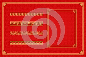 Chinese frame or border set on red background. traditional asian ornaments, golden oriental