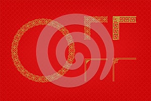 Chinese frame or border set on red background. traditional asian ornaments, golden oriental